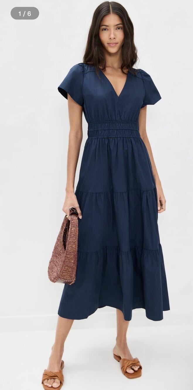Marea By Liz Joy Navy Annabelle Midi Tiered Cotton Dress New XS Cap Sleeve